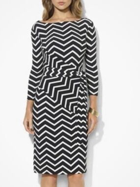 Lauren Ralph Lauren Black and White Chevron Zig Zag 3/4 Faux Wrap Dress 8